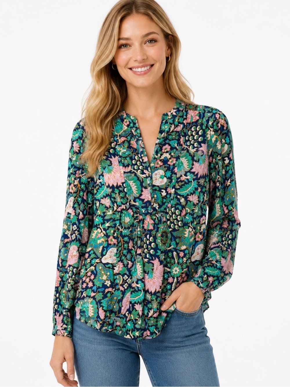 LOFT Bright Floral Print Split V-Neck‎ Long-Sleeve  Pullover Blouse Sz. XS